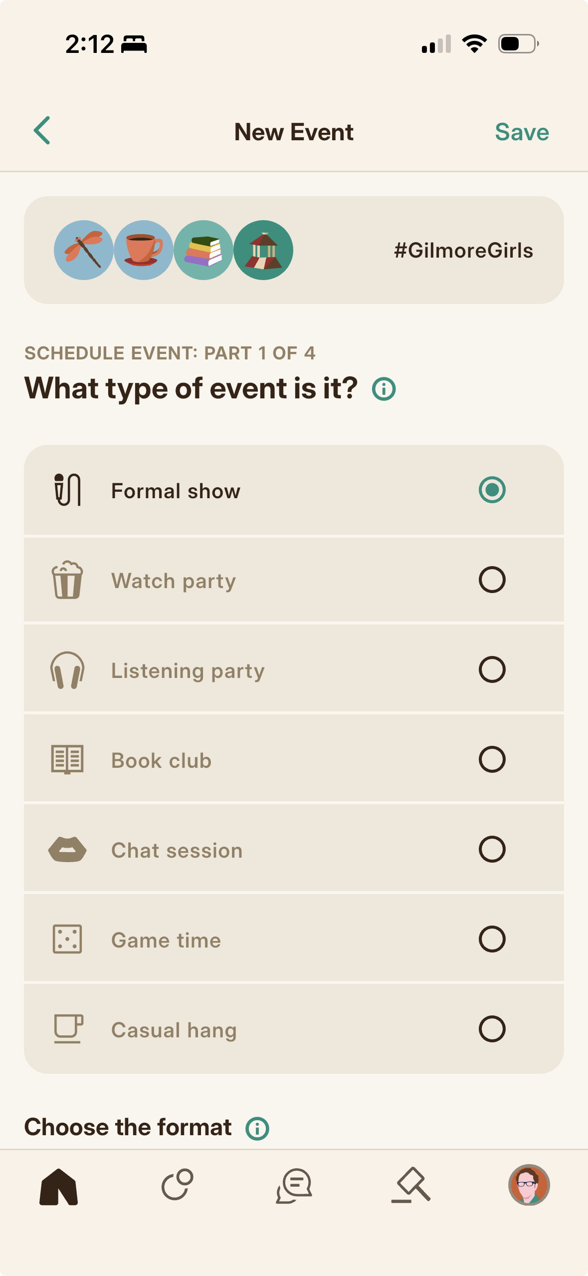The Add Event form with the event type selector.