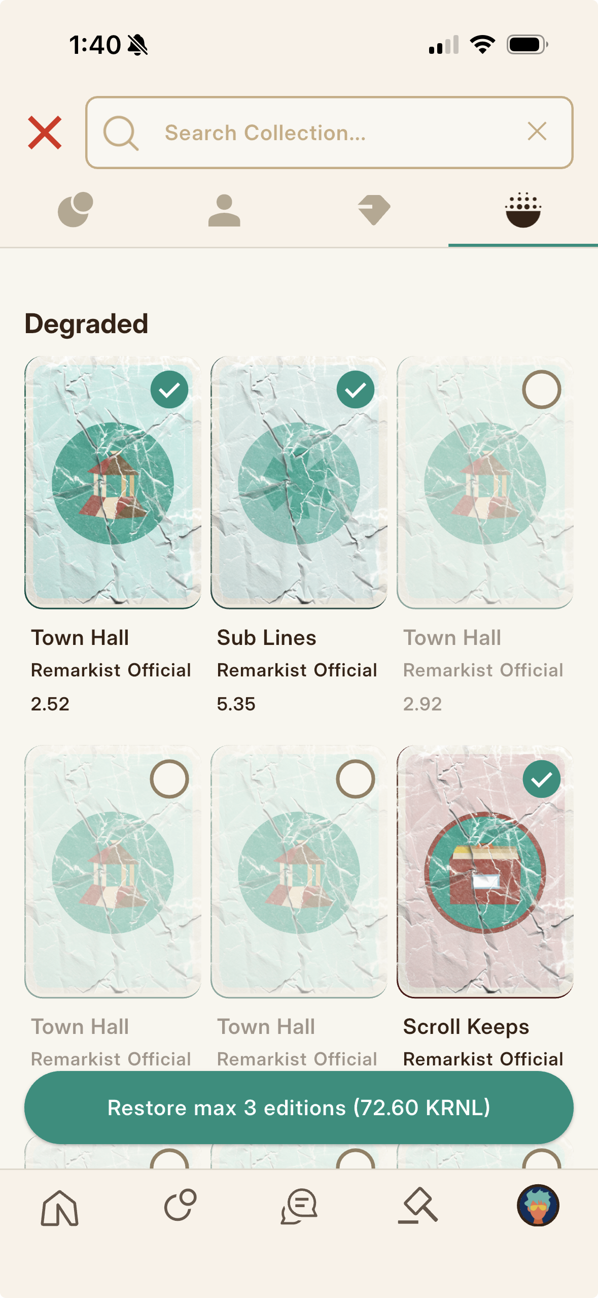 Bulk restore mode in the Collection album: long press to select several editions and restore them at once.