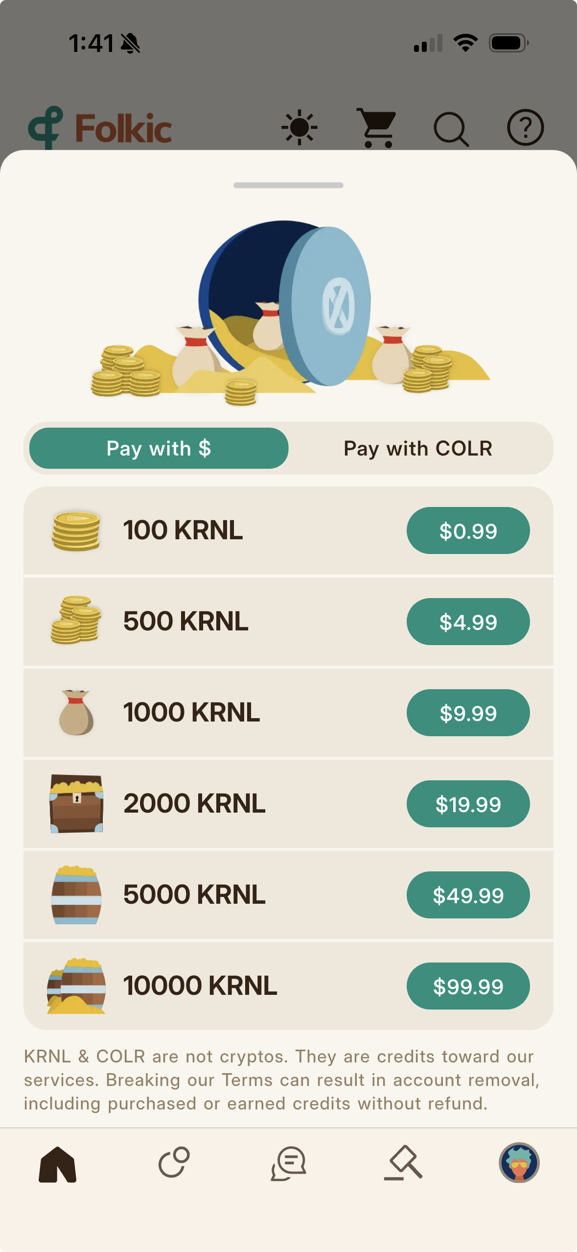 The Buy KRNL sheet (the KRNL Depot), showing the Token Pack sizes and the Bright Value Pack bonus.