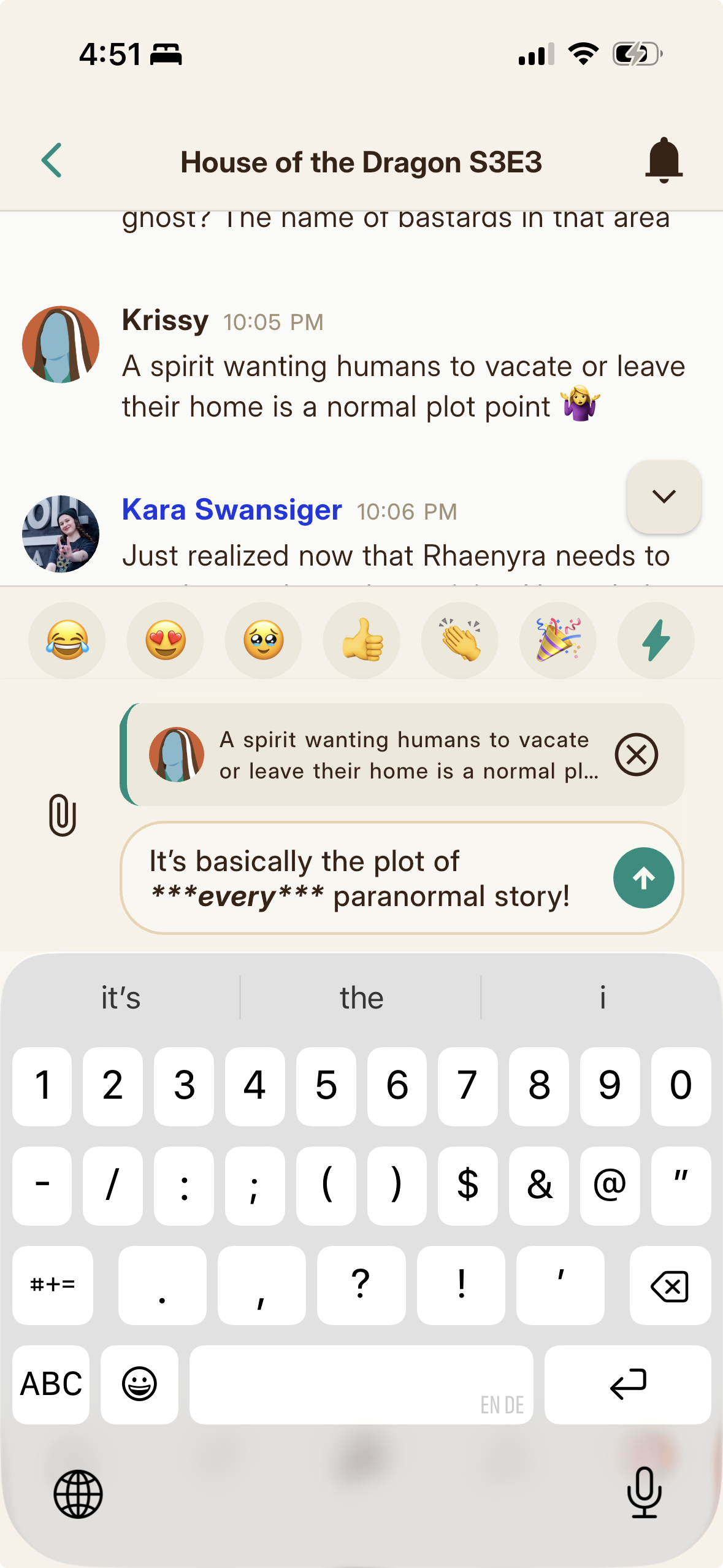 A chat message showing bold, italic, and a covered spoiler being tapped to reveal.