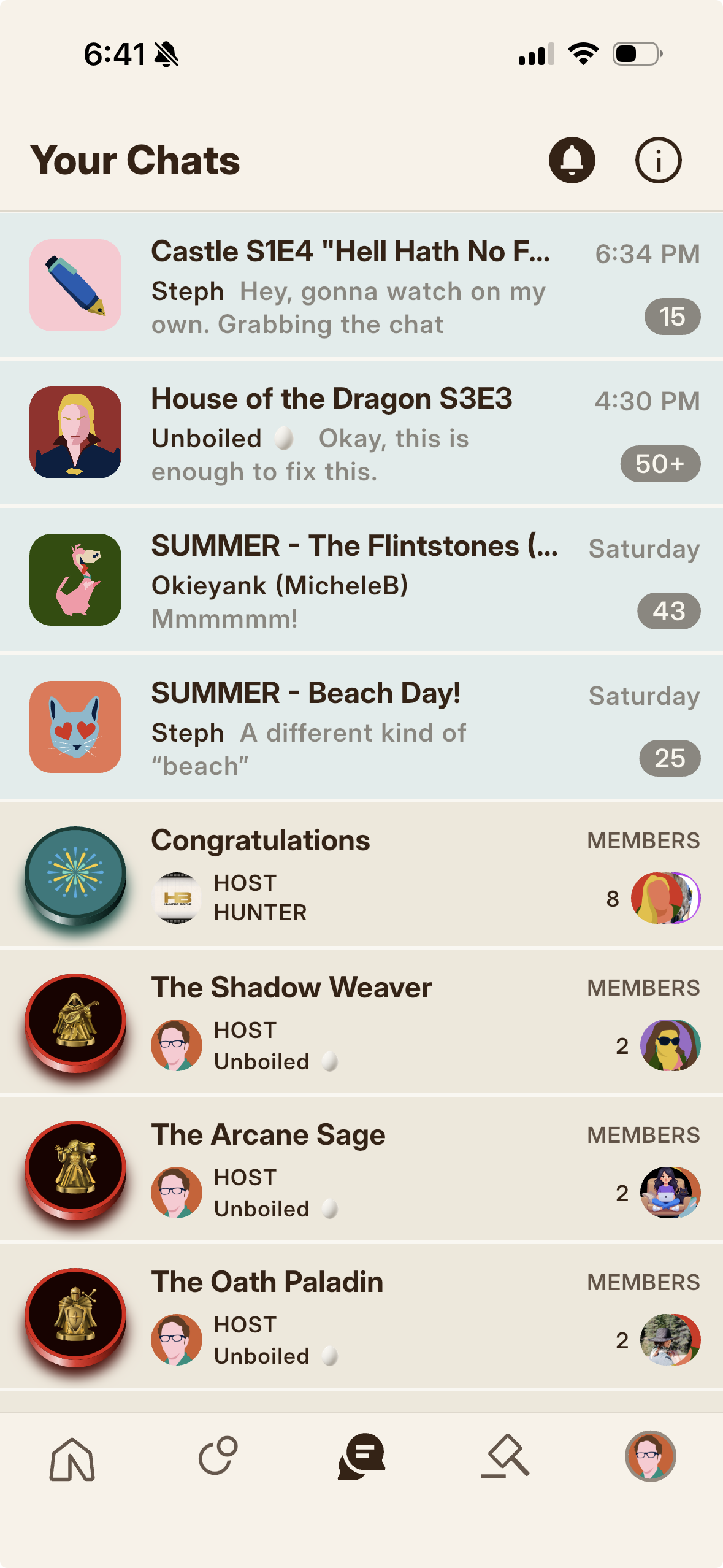 The Chat tab channel list, with Memento chats marked by a coin and event chats by a celebration.