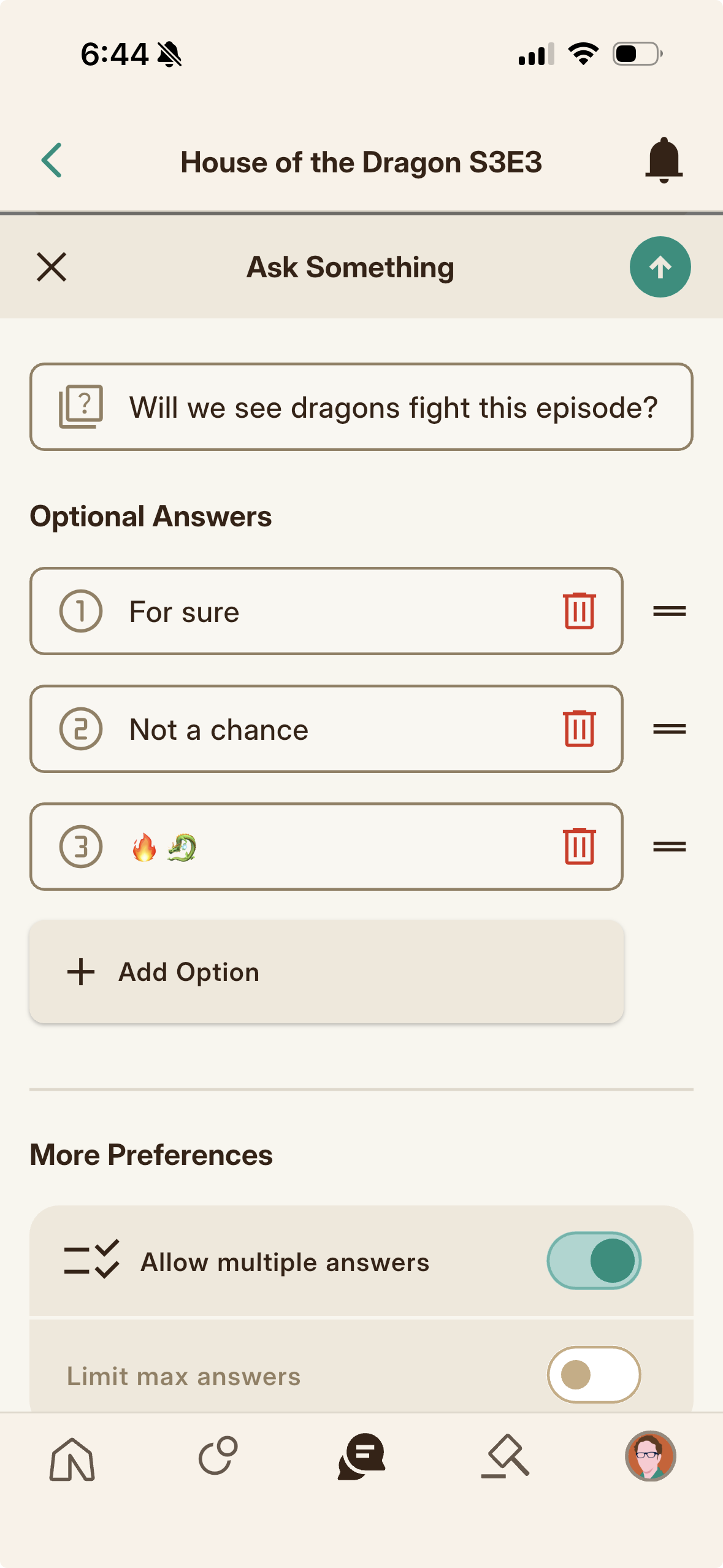 A poll posted into an event chat for the room to vote on.