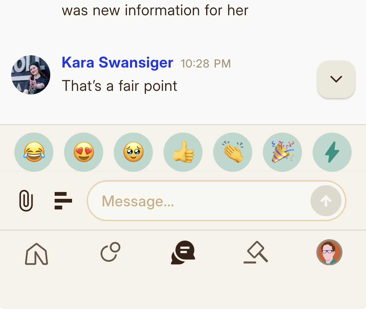 The Reactions panel: custom Folkic reaction icons, with the lightning bolt toggle at the far right that switches between sending a reaction straight into chat and dropping the emoji into your message input.