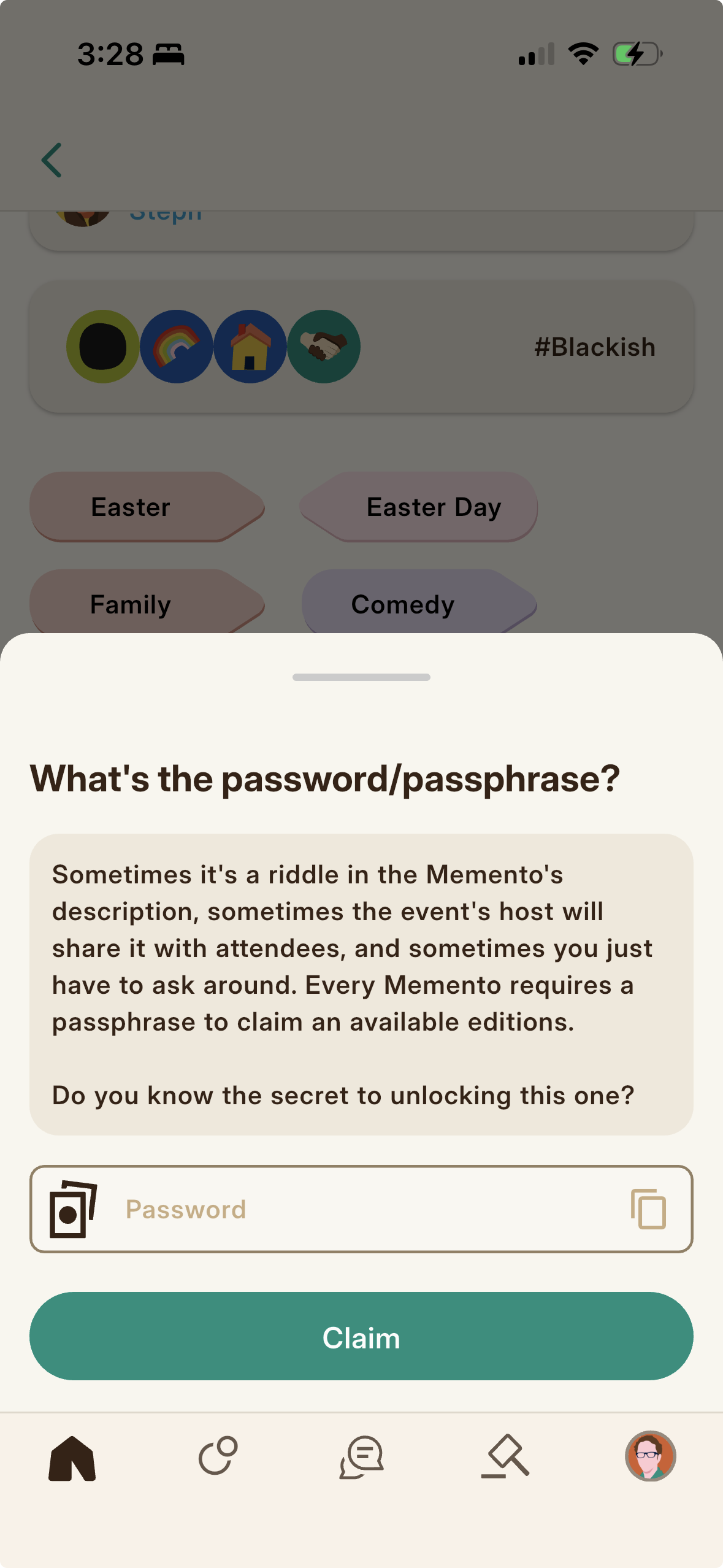 The Claim an Edition passphrase sheet, where you enter the phrase the host set.