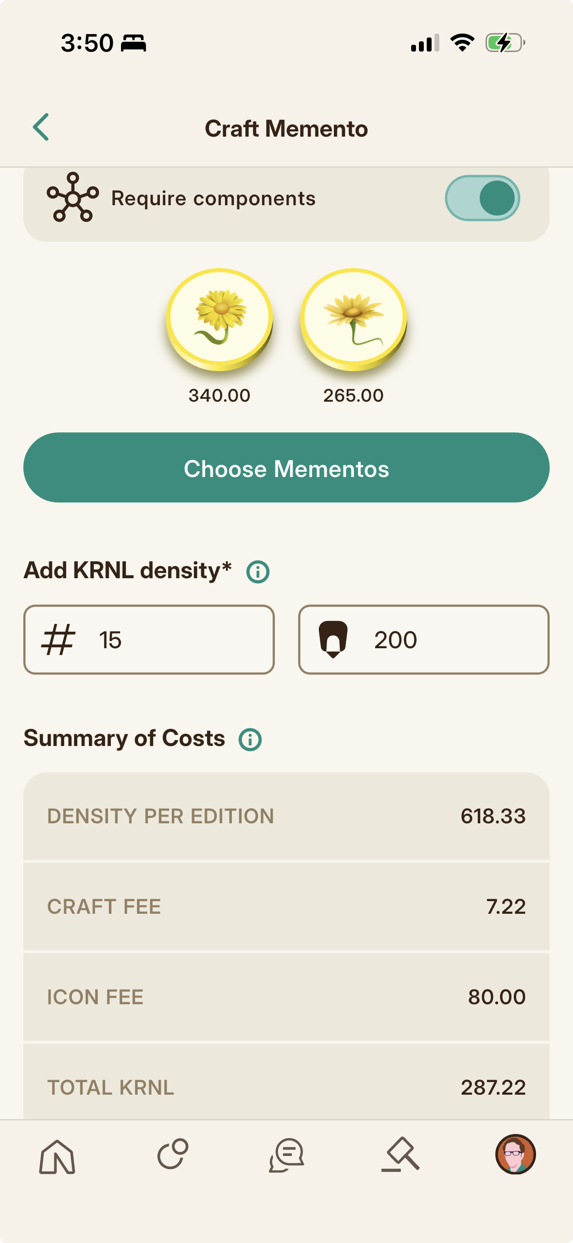 The crafting cost summary, showing cost per edition, the craft fee, and any Icon fees.