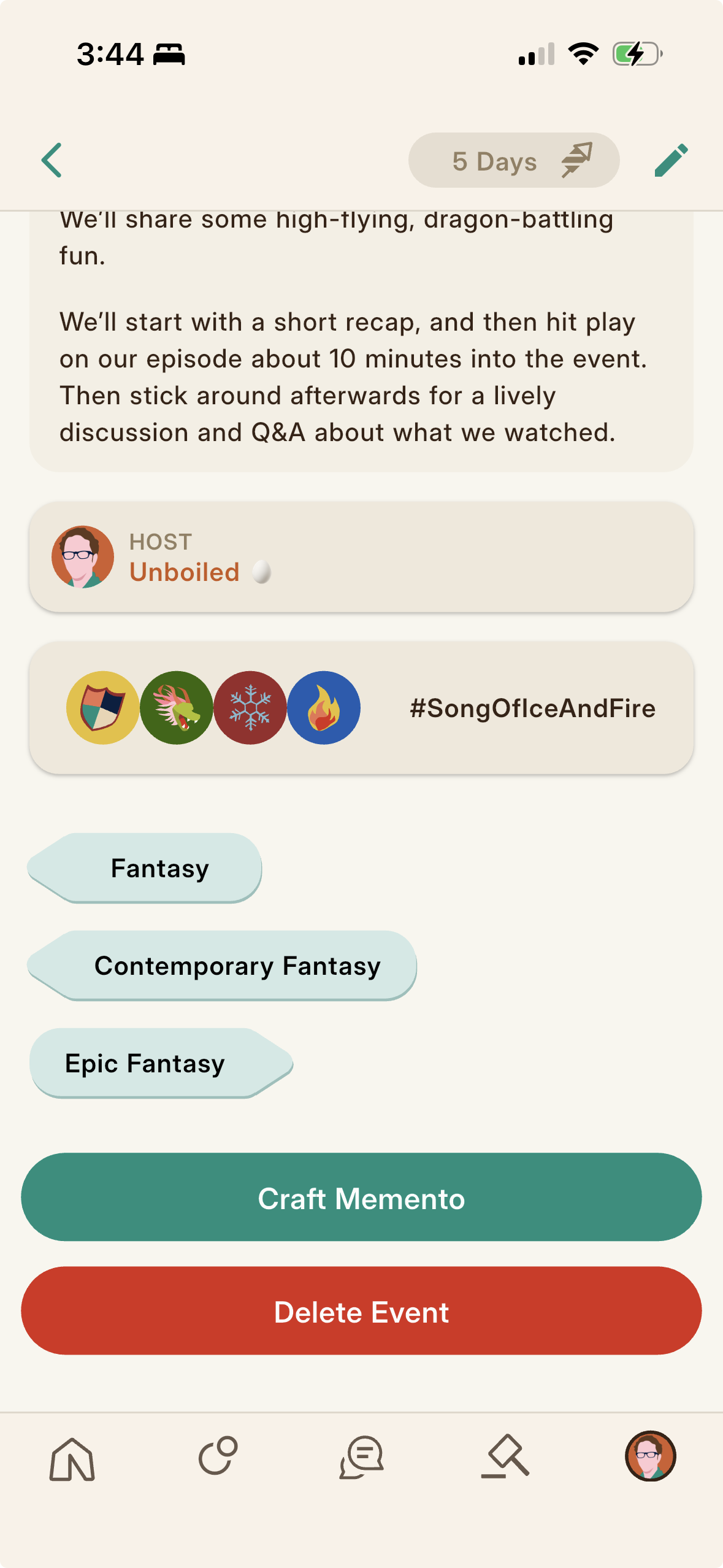 The Craft Memento button on an event detail page, where a host begins crafting.