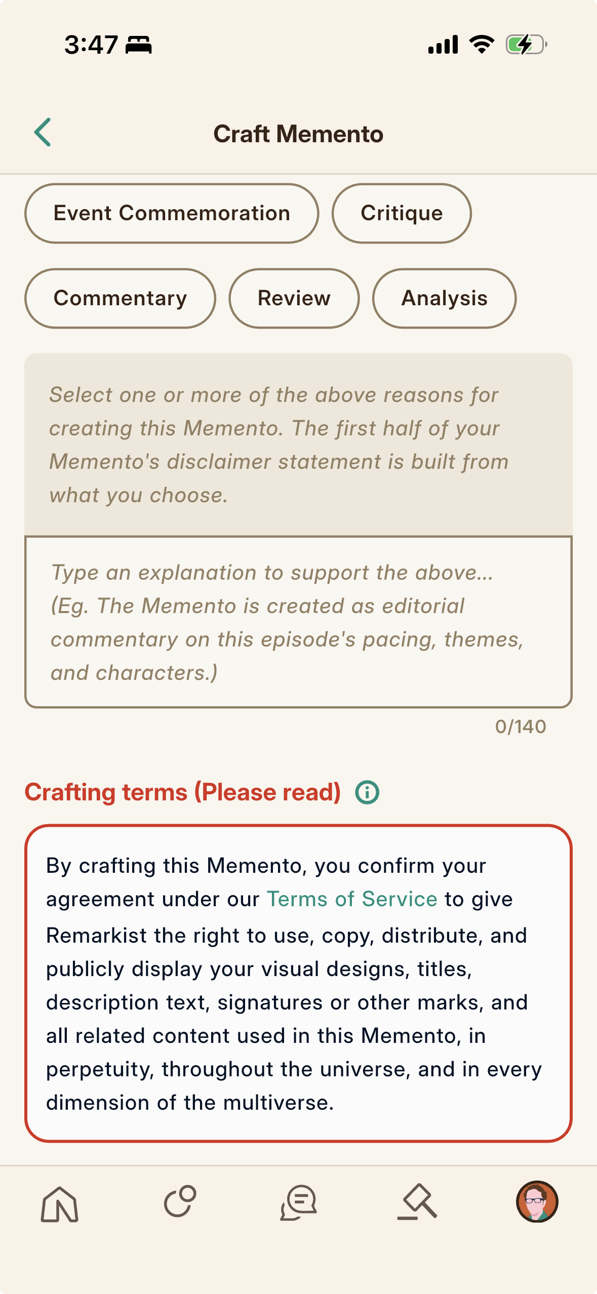 The required disclaimer, where a creator declares how the Memento engages the work it references.