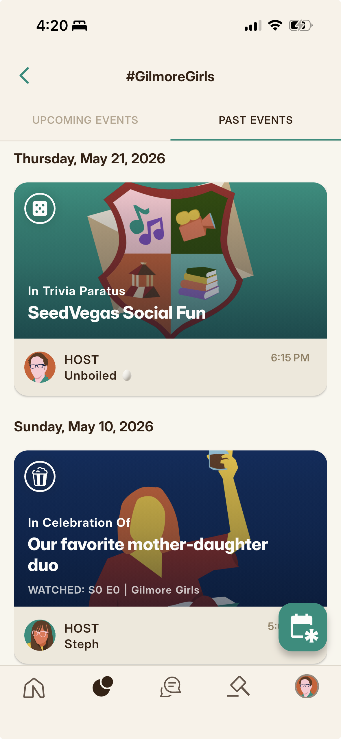 A World's event calendar, listing scheduled events in start time order.
