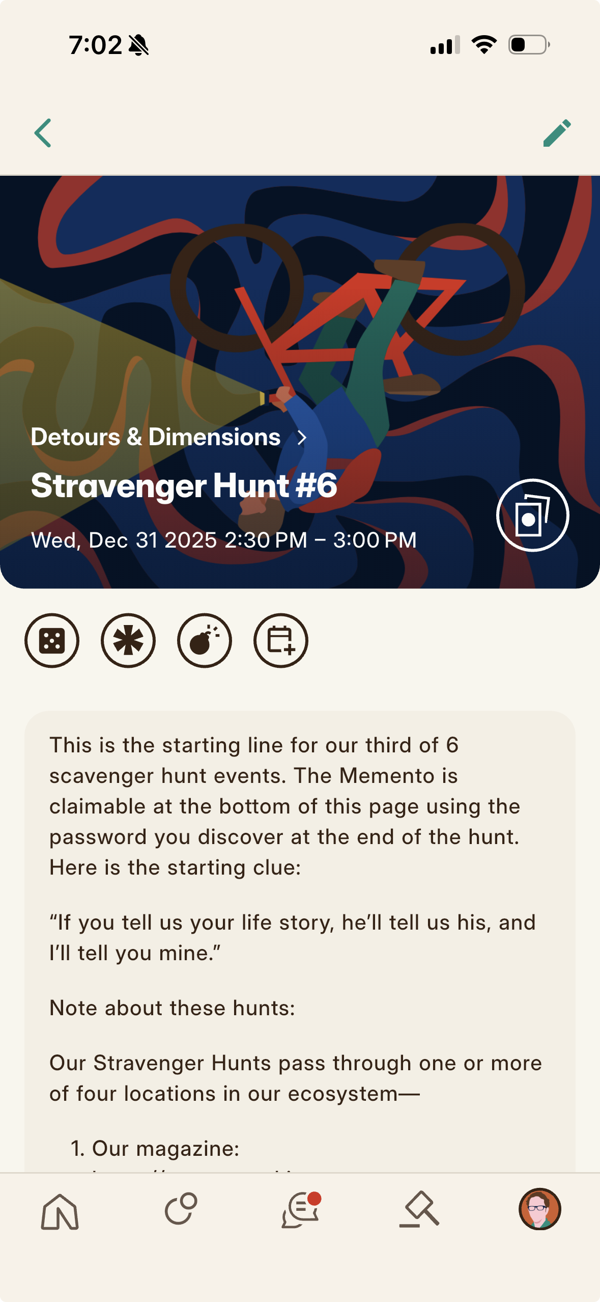 An event detail page: content, host, where to watch, description, and the top action button.