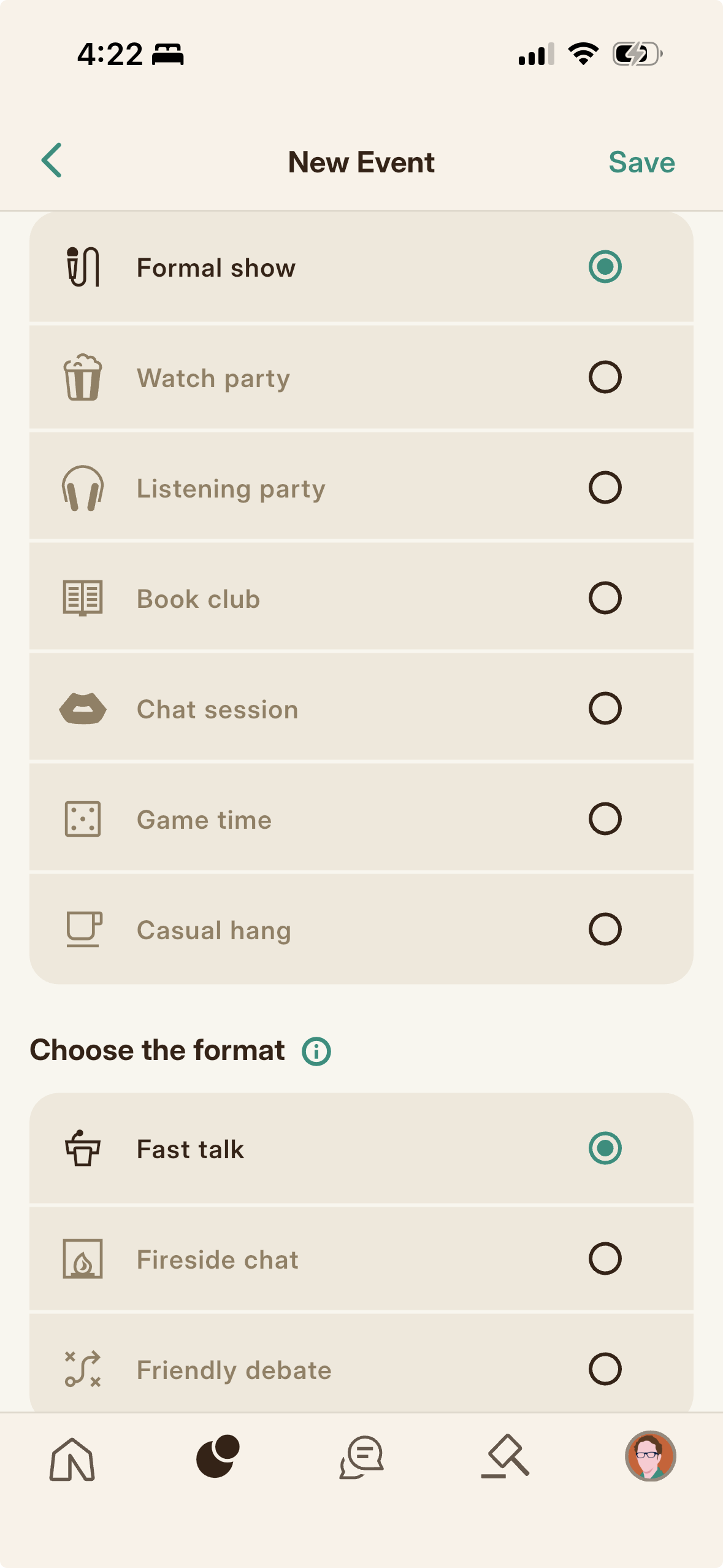 The range of event types, from Watch Party to Game Time to Casual Hang.
