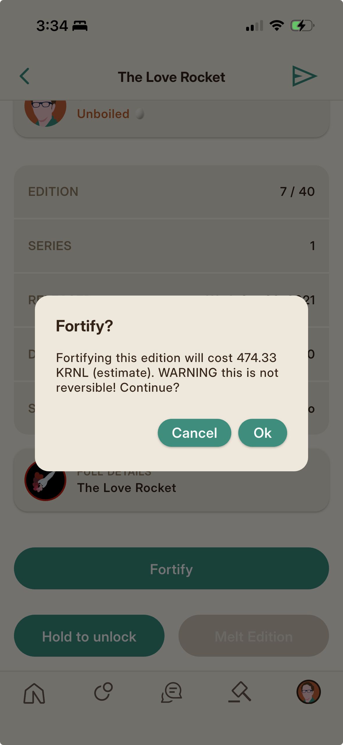 The Fortify confirmation, showing the KRNL cost to permanently freeze an edition.