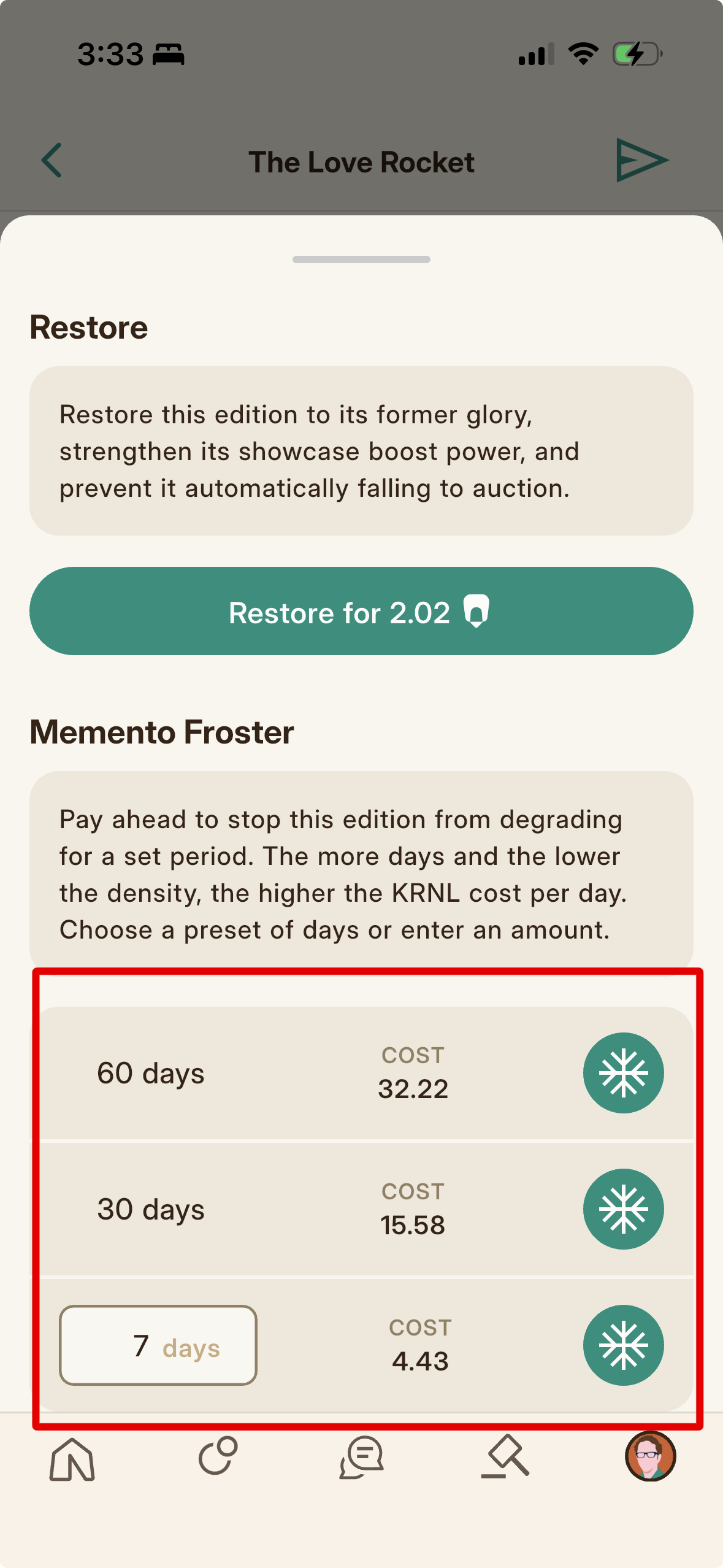 The Frost controls, choosing how many days to shield an edition from degradation.