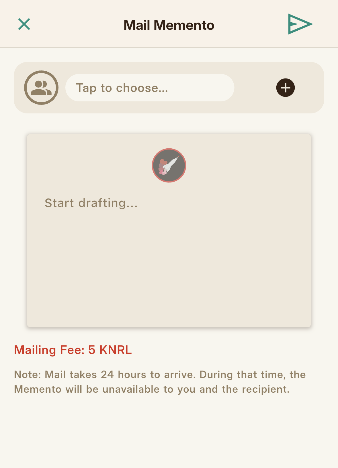 The Gift Memento screen, where you choose a recipient and add a note.