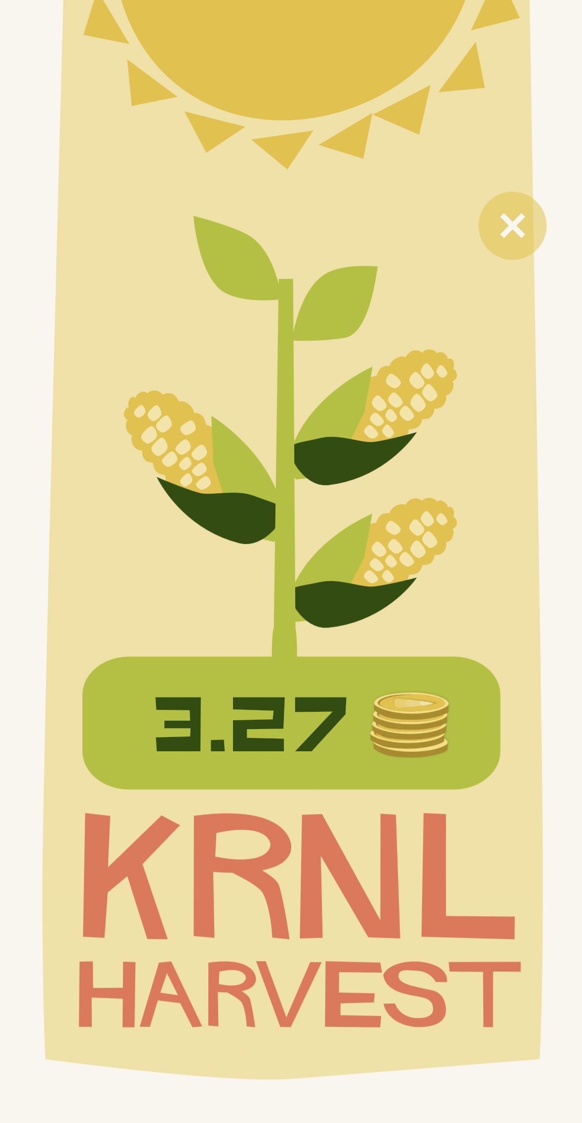 A harvest results screen confirming the KRNL collected from an event.