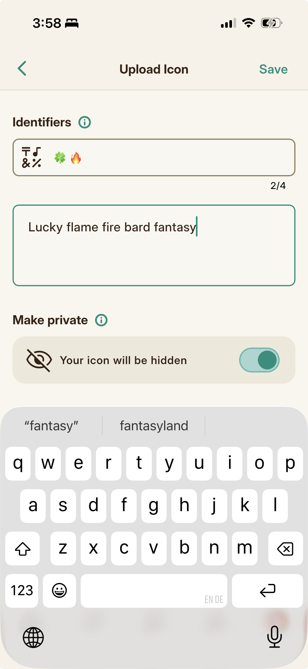 Setting an Icon identifier as an emoji code (up to four emojis) plus keywords for discovery.