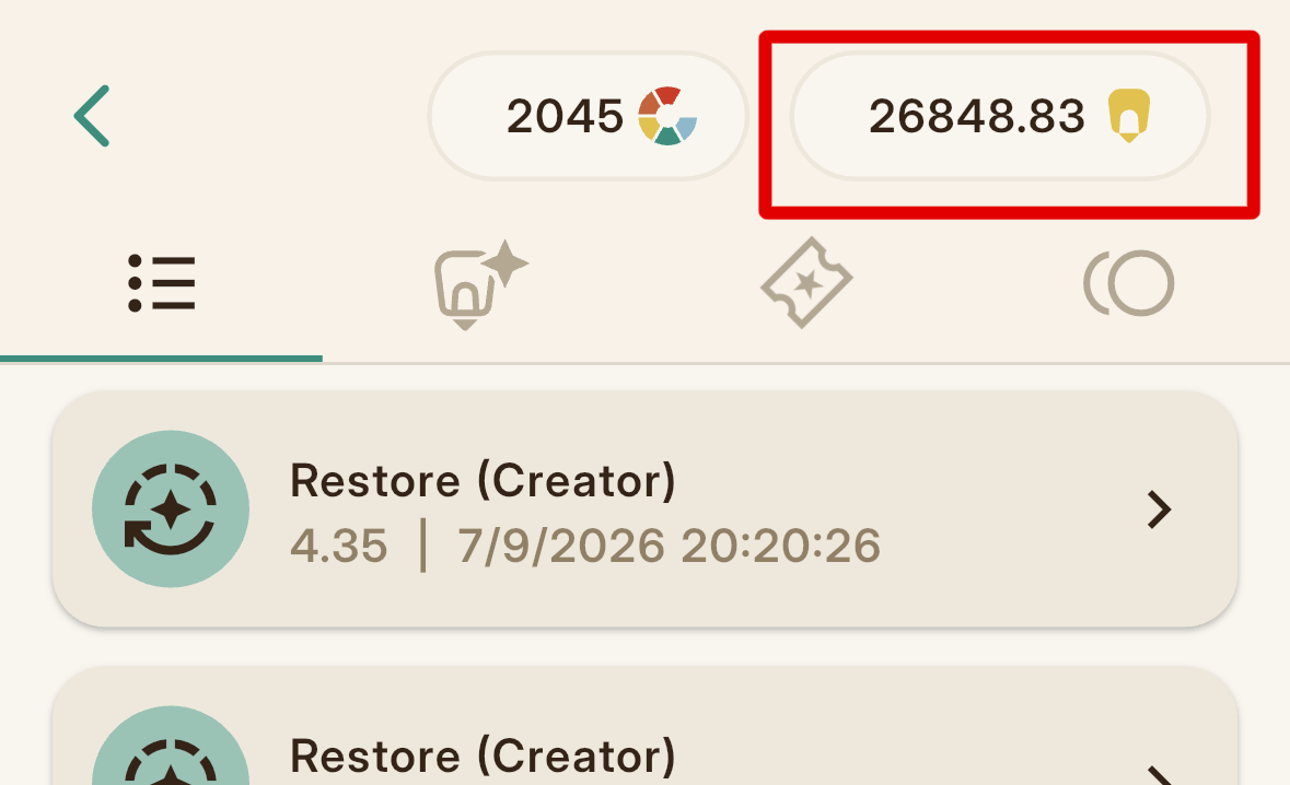 The KRNL balance in the Stash area at the top of the profile.
