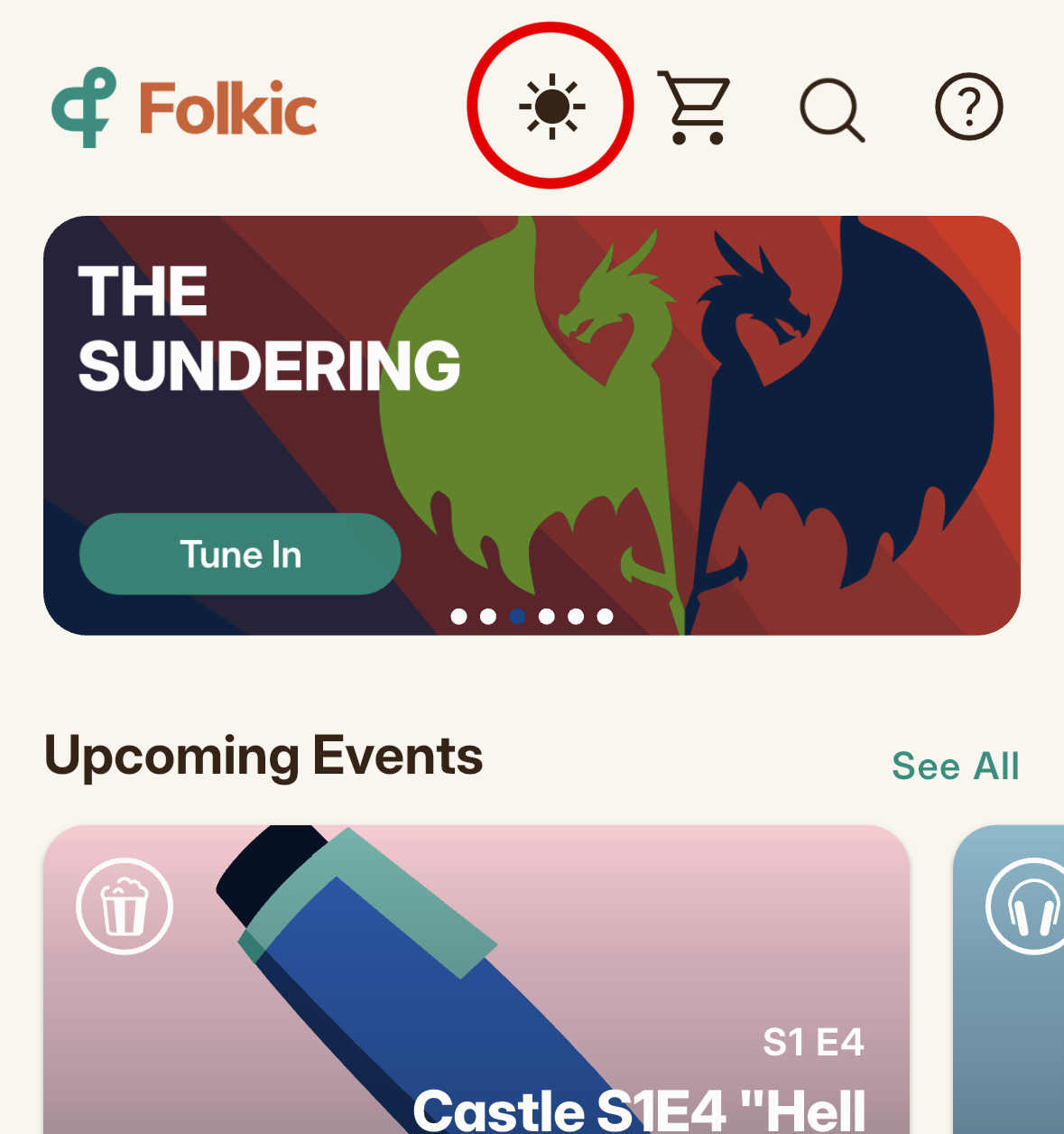 The sun and moon toggle in the Home app bar that switches between light and dark appearance.