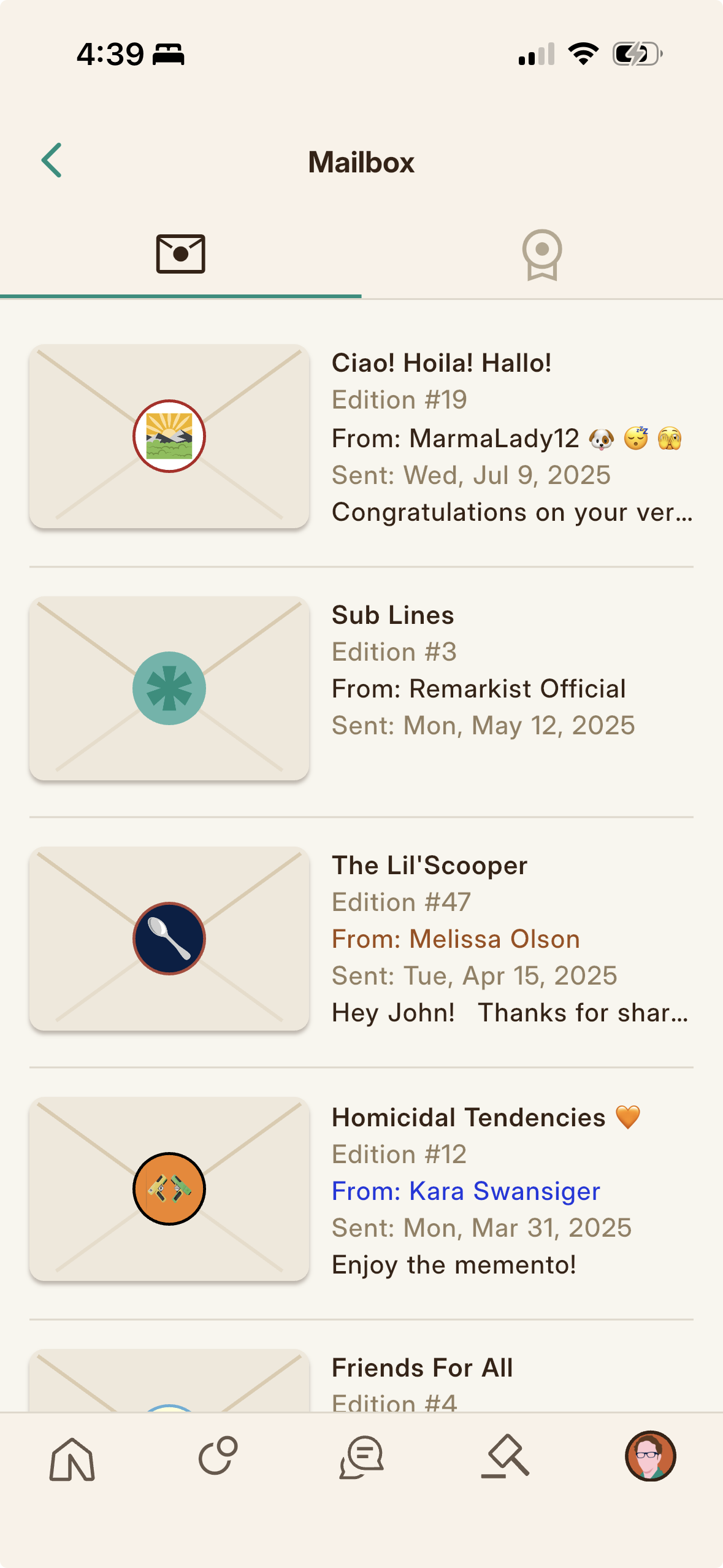 The Mailbox, where a received gift is drawn as a letter with the small Memento in the middle.