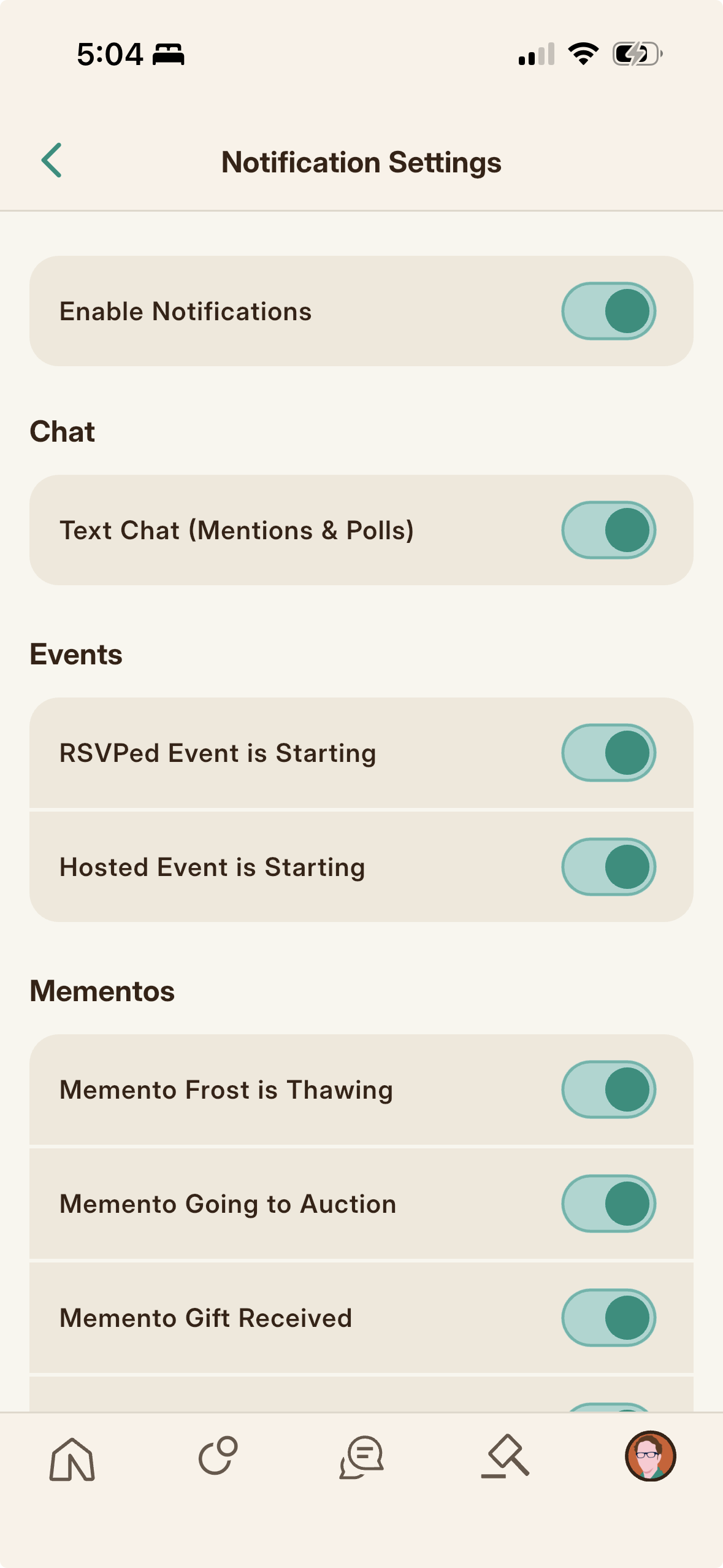 Notification Settings, with the master switch and the grouped toggles.
