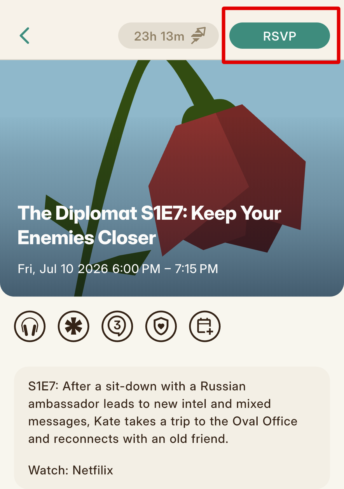 An event detail page with the top action button reading RSVP.