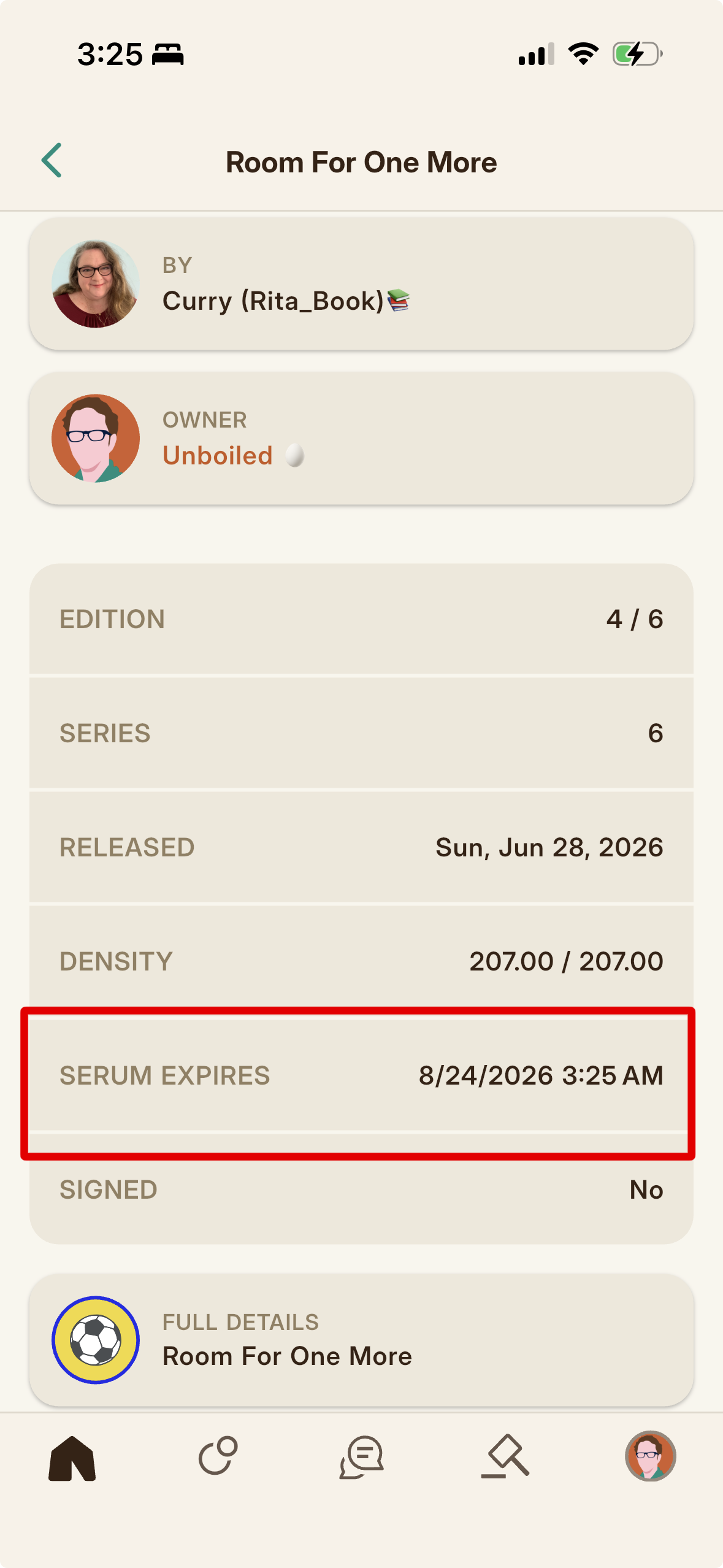 The Serum expiry date and time shown on a freshly claimed edition.