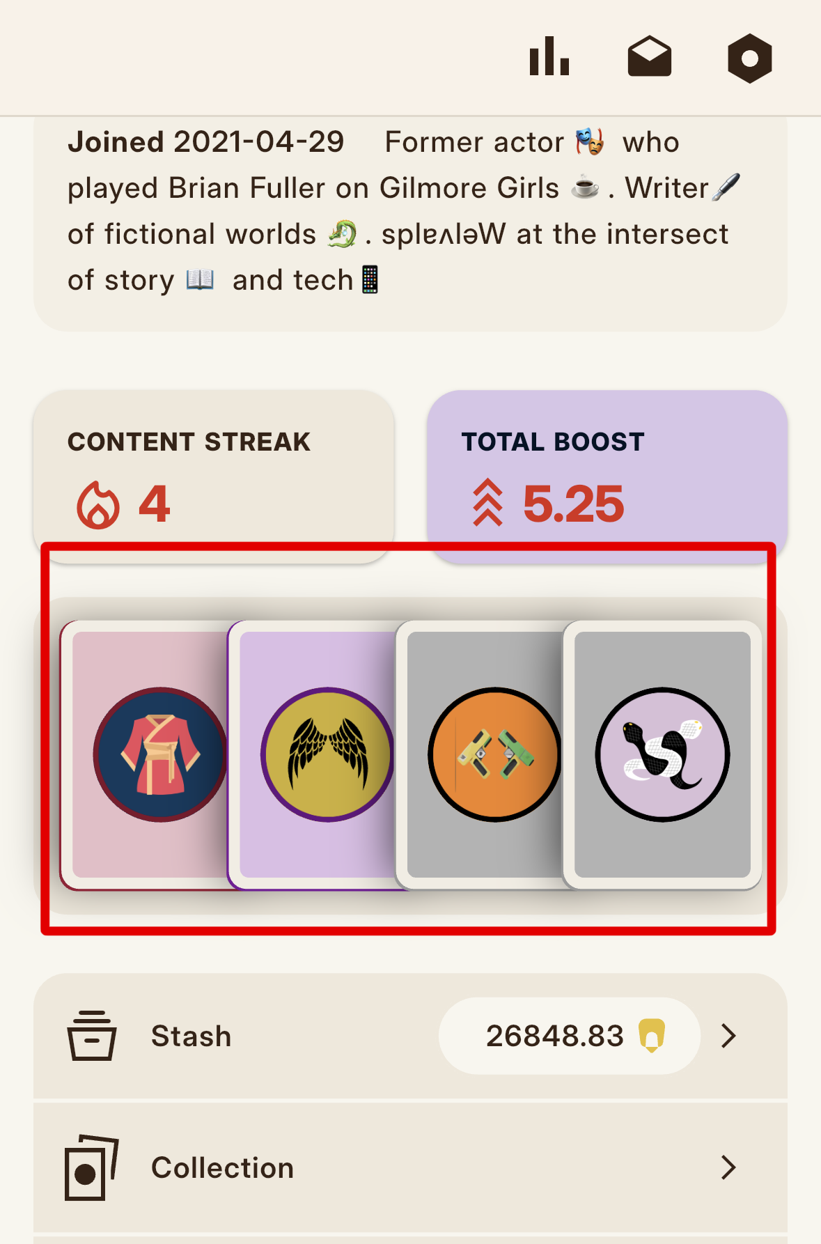 A profile Showcase with its four edition slots filled.
