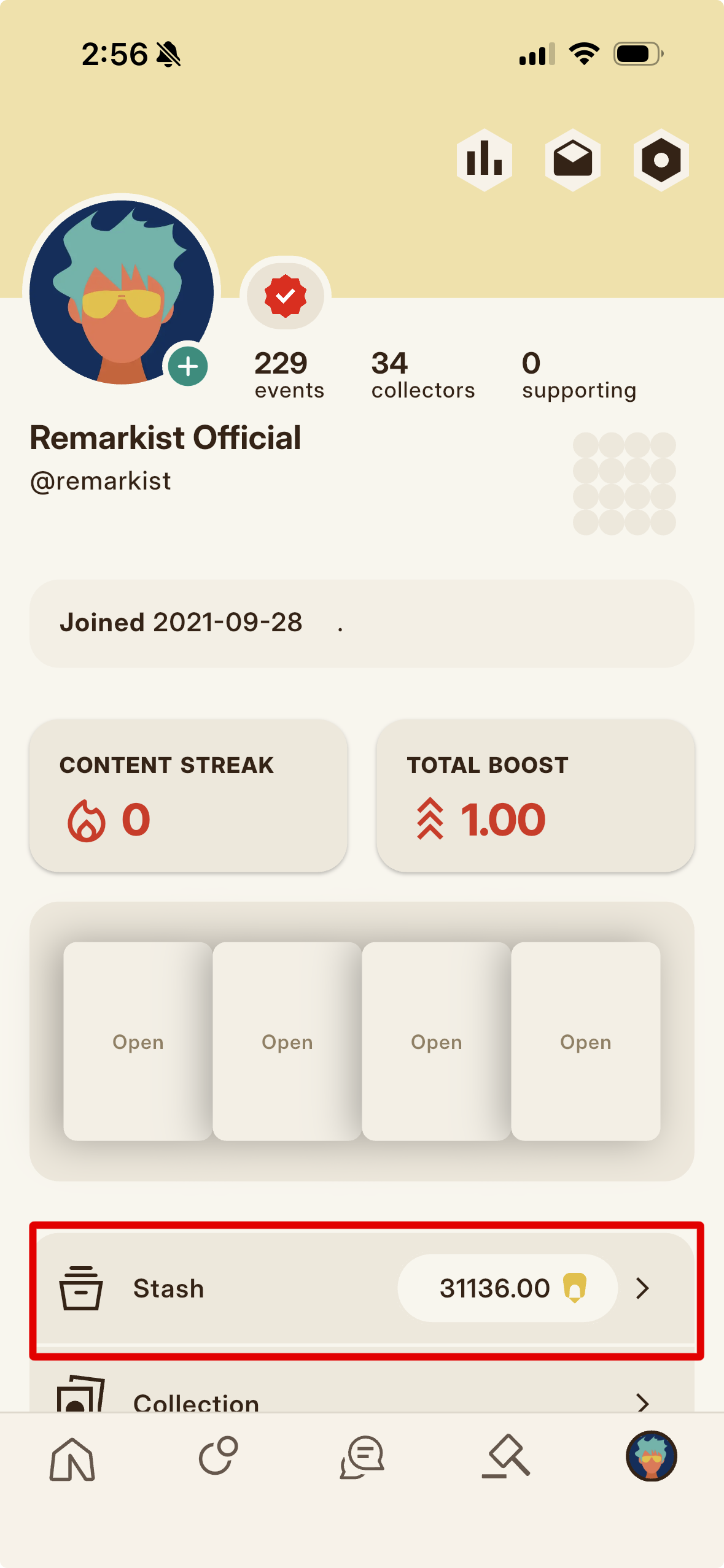 The Stash balance on the profile, the tap target that opens your Ledger.