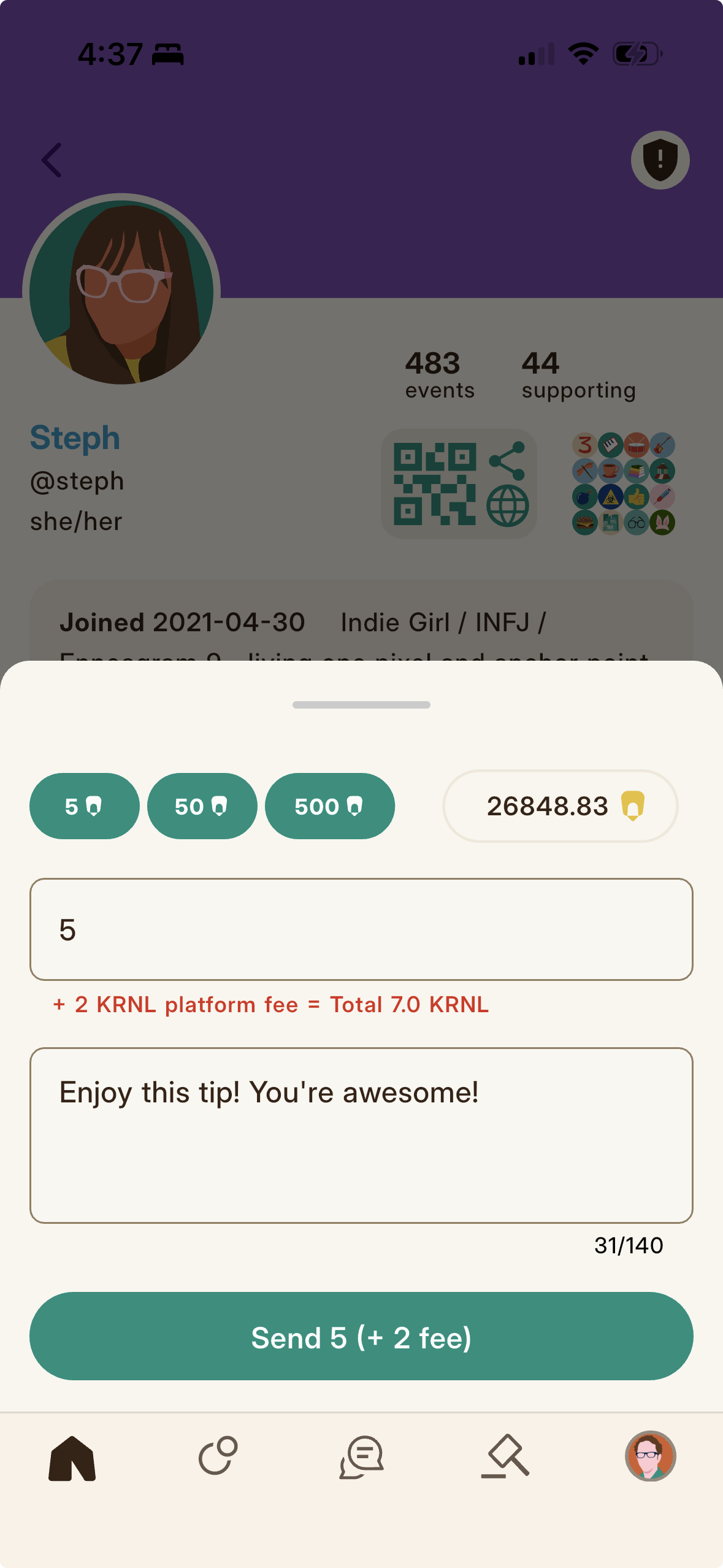 The tip dialog, with an amount, an optional memo, and the live fee.