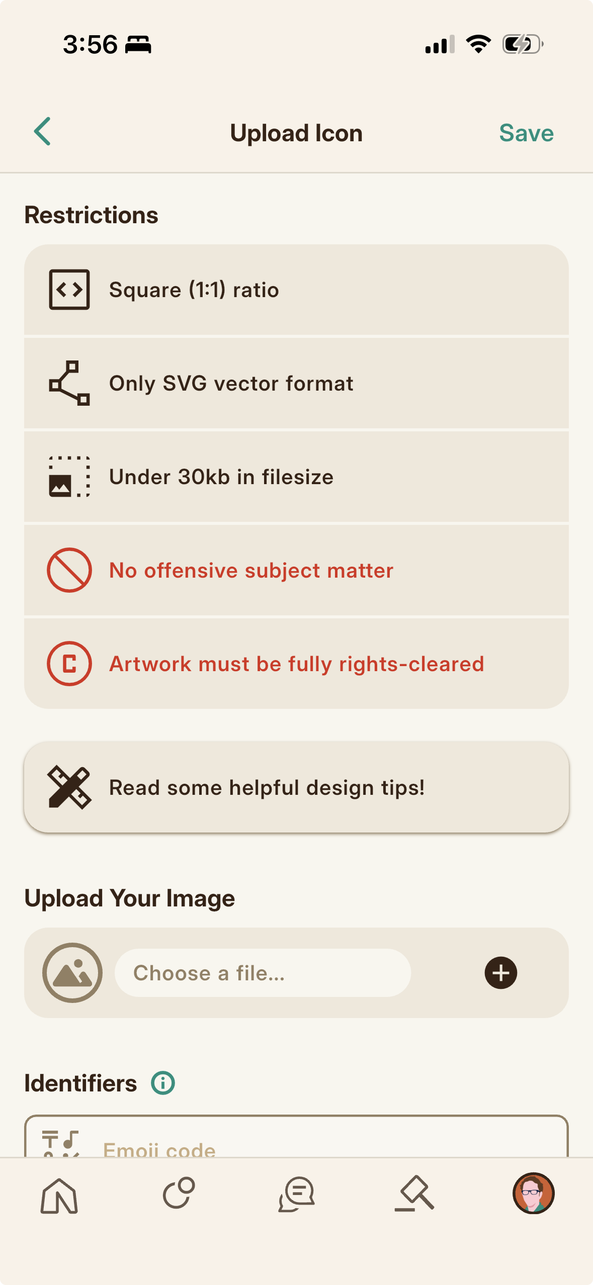 The Upload Icon screen, with the SVG rules and the identifier, keywords, and privacy fields.